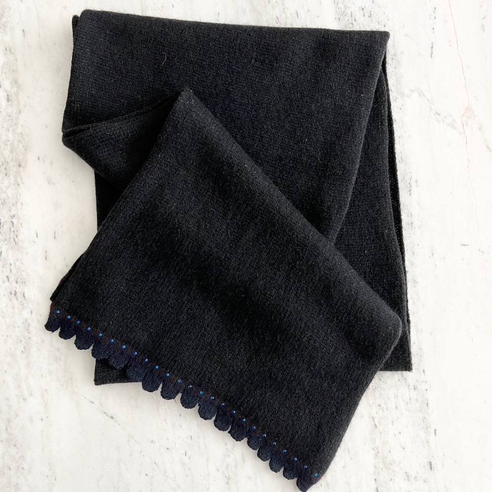 Elyse Allen Black Cashmere Scarf Blue Crystal Embellished